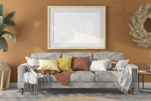 istock Cozy Beige Living Room with a Comfy Sofa and Empty Mockup Picture Frame 2068125251
