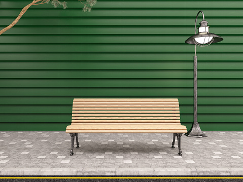 Empty Park Bench with a Street Light Against Green Wall. 3D Render