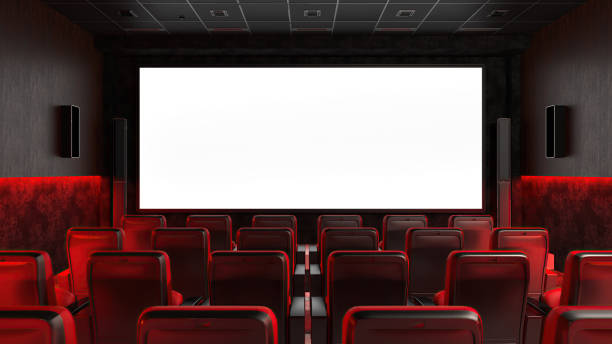 istock Cinema Hall with Auditorium Watching Movie on Blank Screen Mockup 2068126943