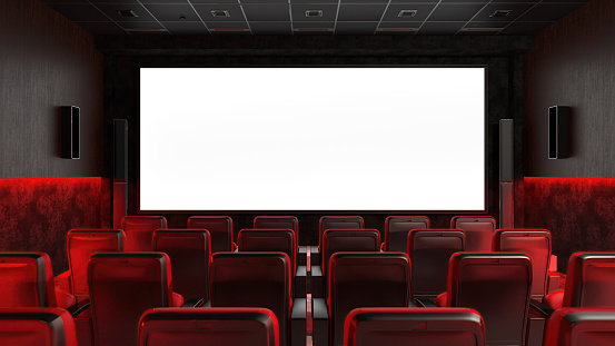 Cinema Hall with Auditorium Watching Movie on Blank Screen Mockup . 3D Render