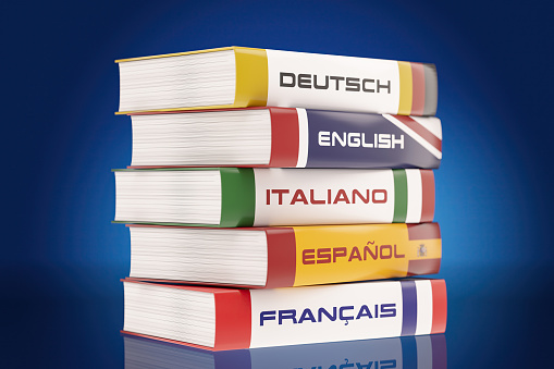 German French English Italian Spanish Language Books. 3D Render