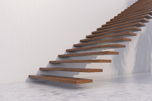 Concrete bright stairs with empty dirty place on the wall, road to success and challenge concept, 3d rendering