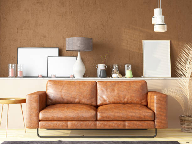 肘掛け椅子と家の装飾のある茶色のリビングルーム