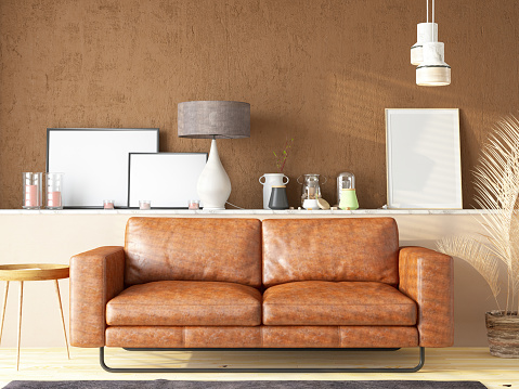 Brown Living Room with an Armchair and Home Decor. 3D Render
