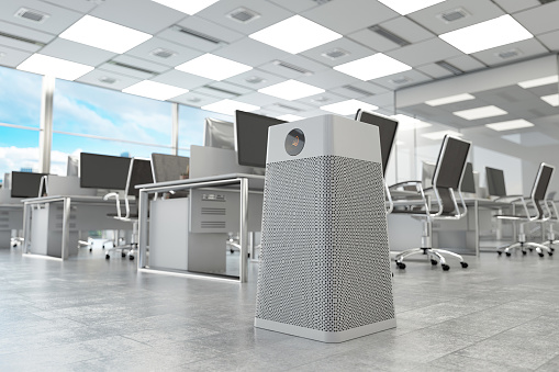 Air Purifier In Modern Open Plan Office For Fresh Air And Healthy Life. 3D Render