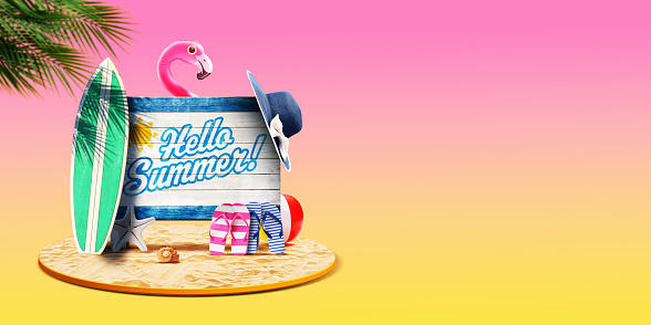 Summer vacations at the beach banner: old wooden sign with Hello Summer text and beach accessories, copy space