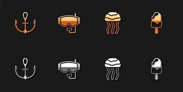 Set Anchor, Diving mask, Jellyfish and Ice cream icon. Vector.