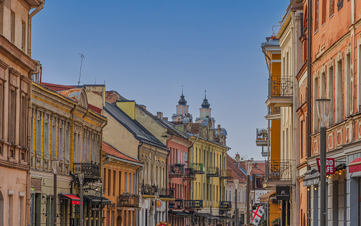 Kaunas, Lithuania - March 2, 2024: Typical street in the center of Kaunas Oldtown