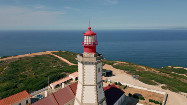 istock Ocean lighthouse standing sunny coast over endless marine horizon aerial view. 2068148838