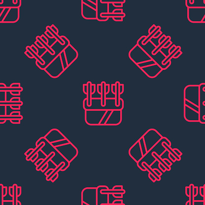 Red line Quiver with arrows icon isolated seamless pattern on black background. Vector.