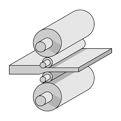 Rolled metal forming process - isometric vector diagram in thin line. Rolling mill stand with sheet steel.