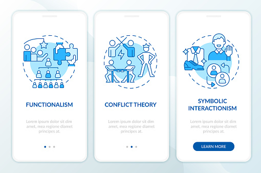Theories of social stratification blue onboarding mobile app screen. Walkthrough 3 steps editable graphic instructions with linear concepts. UI, UX, GUI template. Myriad Pro-Bold, Regular fonts used