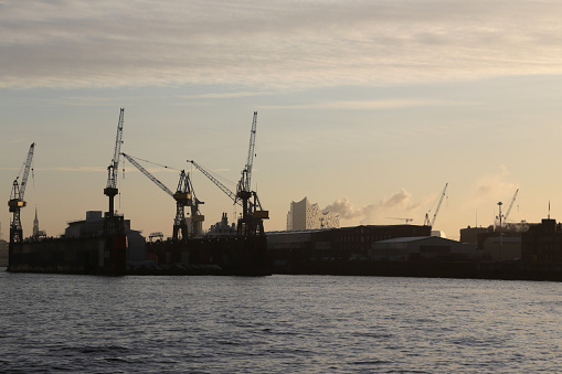 Hamburg Port with Sunrise in the Morning