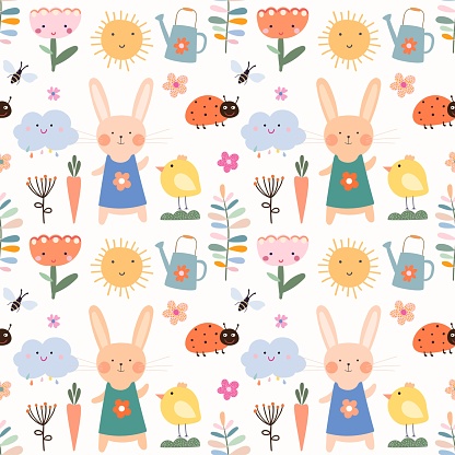 Springtime seamless pattern, decorative seasonal wallpaper, background with cute specific elements