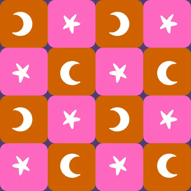 Vector illustration of Crescent Moon and Stars Checks Vector Seamless Pattern