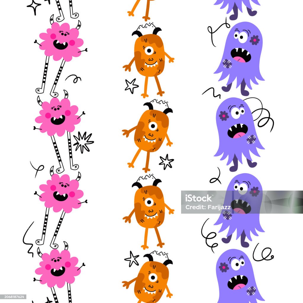 Color Monster Border Cute Monsters Vector Seamless Vertical Borders Set Stock Illustration ...