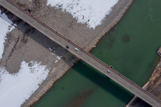 Drone photo: Bridge over the river in winter