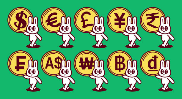 笑顔のウサギのグループが、それぞれ大きなお金のコインを持ち、整然と並んで歩いています - australian currency british pounds european union currency symbol点のイラスト素材／クリップアート素材／マンガ素材／アイコン素材