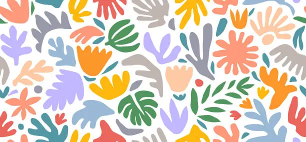 Vector illustration of doodle style colors foliage flower seamless pattern.