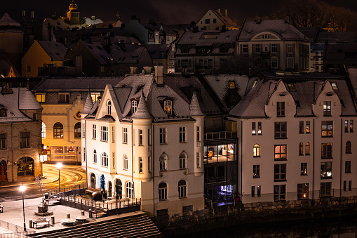 Famous place in Norway Alesund old town at night Scandinavia Northern Europe