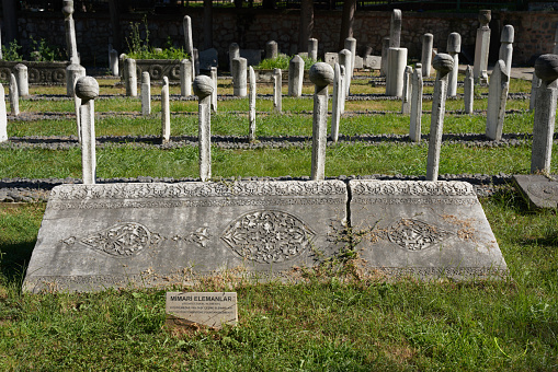 Wiesloch, Germany - March 2022: Cross shaped gravestones in Cemetery for people who died in psychiatric center called 'Psychiatrischen Zentrums Nordbaden'