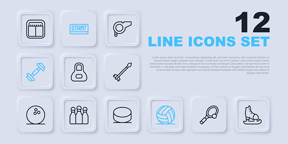 Set line Tennis racket with ball Skates Weight Volleyball Dumbbell Bowling pin Ribbon finishing line and Hockey puck icon. Vector.