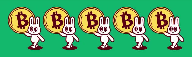 Vector illustration of A group of smiling bunnies, each carrying a big cryptocurrency Bitcoin, walking in a neat line