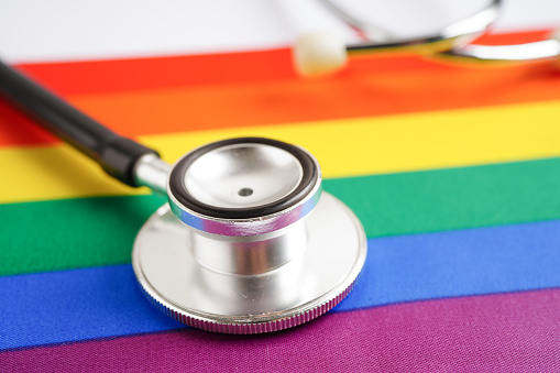 LGBT symbol, Stethoscope with rainbow ribbon, rights and gender equality, LGBT Pride Month in June.