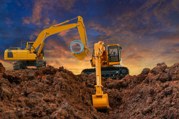 Crawler Excavators are digging the soil in the construction site
