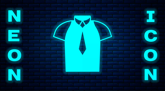Glowing neon Shirt icon isolated on brick wall background. T-shirt. Vector.