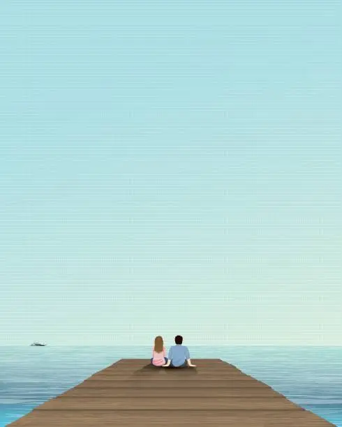 Vector illustration of Couple of lover sitting on the pier have tropical blue sea and blue sky background vector illustration. Honeymoon concept illustrate poster vertical shape have blank space.
