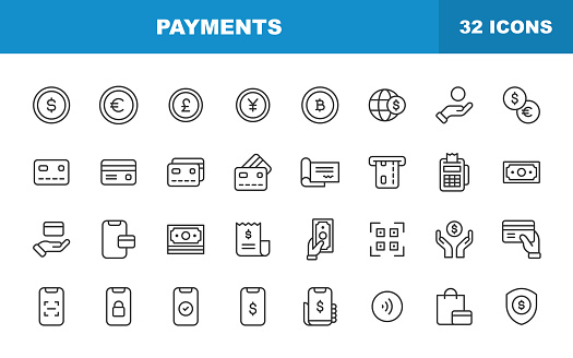 Payments Line Icons. Editable Stroke. Contains such icons as Bitcoin, Currency, Credit Card, Wireless, Money, Finance, Check, ATM, Cash, Wallet, Paying, Shopping, Refund, E-Commerce.