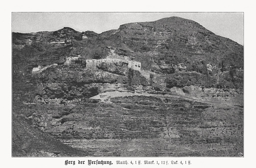 Historical view of the Mount of Temptation - a mountain in the Judean highlands a few kilometers outside the city of Jericho in the West Bank. According to Christian tradition, Jesus of Nazareth is said to have resisted the devil's temptations at this place while fasting there for 40 days (Matthew 4, 1 - 4). Today, the Greek Orthodox monastery of Qarantal (Deir al-Quruntul) is located on its slope.
 Halftone print based on a photograph, published in 1899.