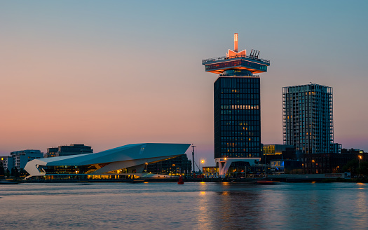Amsterdam Netherlands May 2018, Sunset over the skyline of the old city , ADAM tower Amsterdam Noord.
