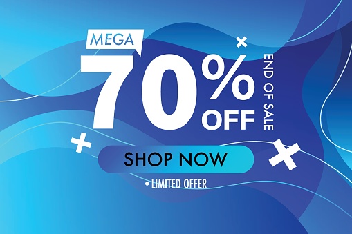 70 percent mega discount, limited offer, end of sale, blue gradient minimalist design.