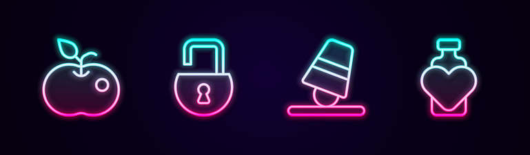 Set line Poison apple Open padlock Game thimbles and Bottle with love potion. Glowing neon icon. Vector.