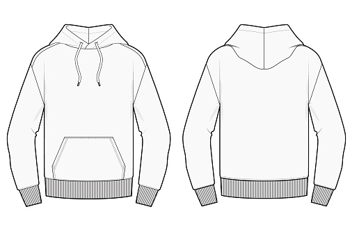 This vector illustration offers a comprehensive template of a hooded sweater fashion sketch, showcasing both the front and back views on a transparent background. Designed to cater to the needs of fashion designers and apparel manufacturers, this template highlights the essential contours and features of a hooded sweater, including the hood, cuffs, and hem. The illustration is meticulously detailed, providing a solid foundation for customization and adaptation in fashion design projects. With editable features, users can easily modify colors, textures, and details to suit specific design requirements or branding needs. This versatility makes the template a valuable tool for creating detailed garment specifications, developing marketing materials, or exploring creative design concepts. The transparent background ensures that the sketch can be seamlessly integrated into various presentations and layouts, enhancing its utility across a wide range of professional fashion design and production contexts.