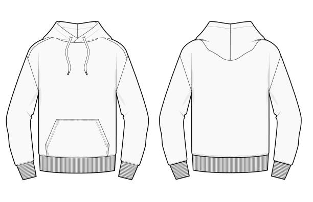 Hooded Sweater Fashion Sketch Design Vector Template Front and Back on transparent with editable features This vector illustration offers a comprehensive template of a hooded sweater fashion sketch, showcasing both the front and back views on a transparent background. Designed to cater to the needs of fashion designers and apparel manufacturers, this template highlights the essential contours and features of a hooded sweater, including the hood, cuffs, and hem. The illustration is meticulously detailed, providing a solid foundation for customization and adaptation in fashion design projects. With editable features, users can easily modify colors, textures, and details to suit specific design requirements or branding needs. This versatility makes the template a valuable tool for creating detailed garment specifications, developing marketing materials, or exploring creative design concepts. The transparent background ensures that the sketch can be seamlessly integrated into various presentations and layouts, enhancing its utility across a wide range of professional fashion design and production contexts. folded sweater stock illustrations