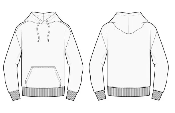 Vector illustration of Hooded Sweater Fashion Sketch Design Vector Template Front and Back on transparent with editable features