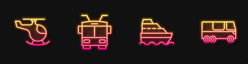 Set line Cruise ship Helicopter Trolleybus and Bus. Glowing neon icon. Vector.