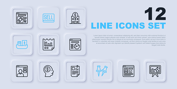 Set line Resume Monitor with graph chart Document Push pin Cargo ship boxes delivery Business man planning mind Sell button and icon. Vector.