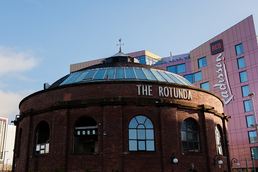 Glasgow Scotland: 13th Feb 2024: Exterior of The Rotunda during renovation on Clyde Street with Raddison Red hotel in background