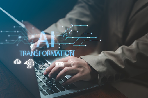 AI transformation in action with hands on keyboard. Technology drives progress and efficiency in modern workplaces