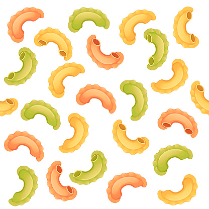 Seamless pattern colored pasta creste di galli cuisine staples vector illustration on white background.