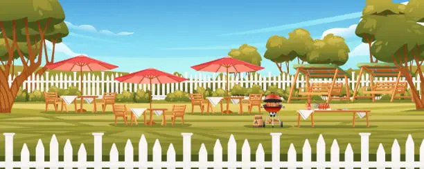 Vector illustration of Backyard with wooden fence hedge and chair with tables bbq grill sunny summer sky on background vector illustration