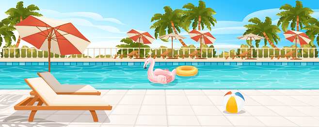 Swimming pool in hotel or resort outdoors, empty poolside with chaise lounges, umbrella, inflatable flamingo and ball in water, exotic beach landscape seaview background. Cartoon vector illustration
