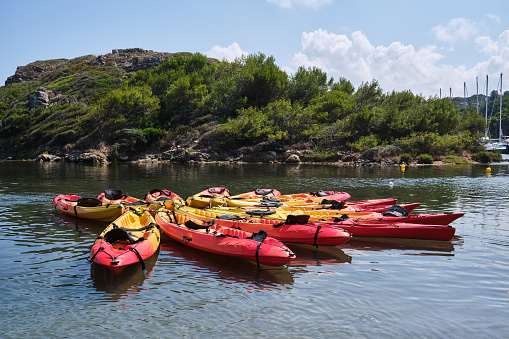 Stack of colorful kayaks moored on rippling water surface against shore with green lush plants on summer day in nature