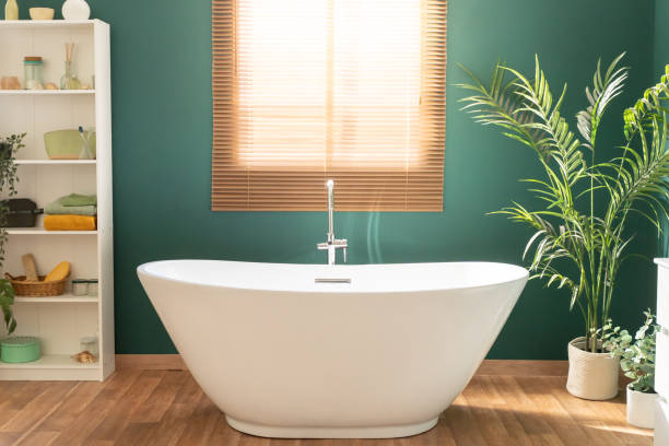 istock Cozy Empty Modern Bathroom Background Rustic Decorations And Green Plants Indoors. Interior Design 2068381743