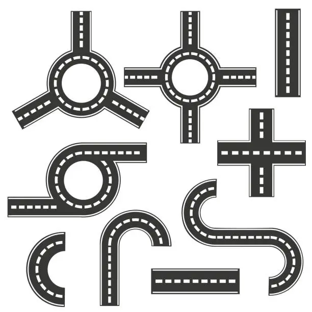 Vector illustration of A set of road elements. Stencil of the highway, highway. Vector illustration