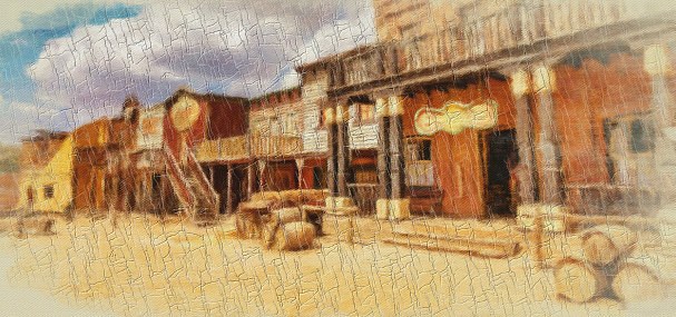 Creative illustration in vintage watercolor design - Wild West old village, rural buildings with blue sky